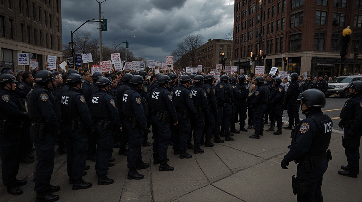 ICE agents form human barricade across Minneapolis street with protesters behind them and storm clouds above