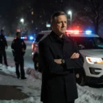 Governor Walz stands with crossed arms on snowy Minneapolis street with police van lights flashing and ICE agents patrolling