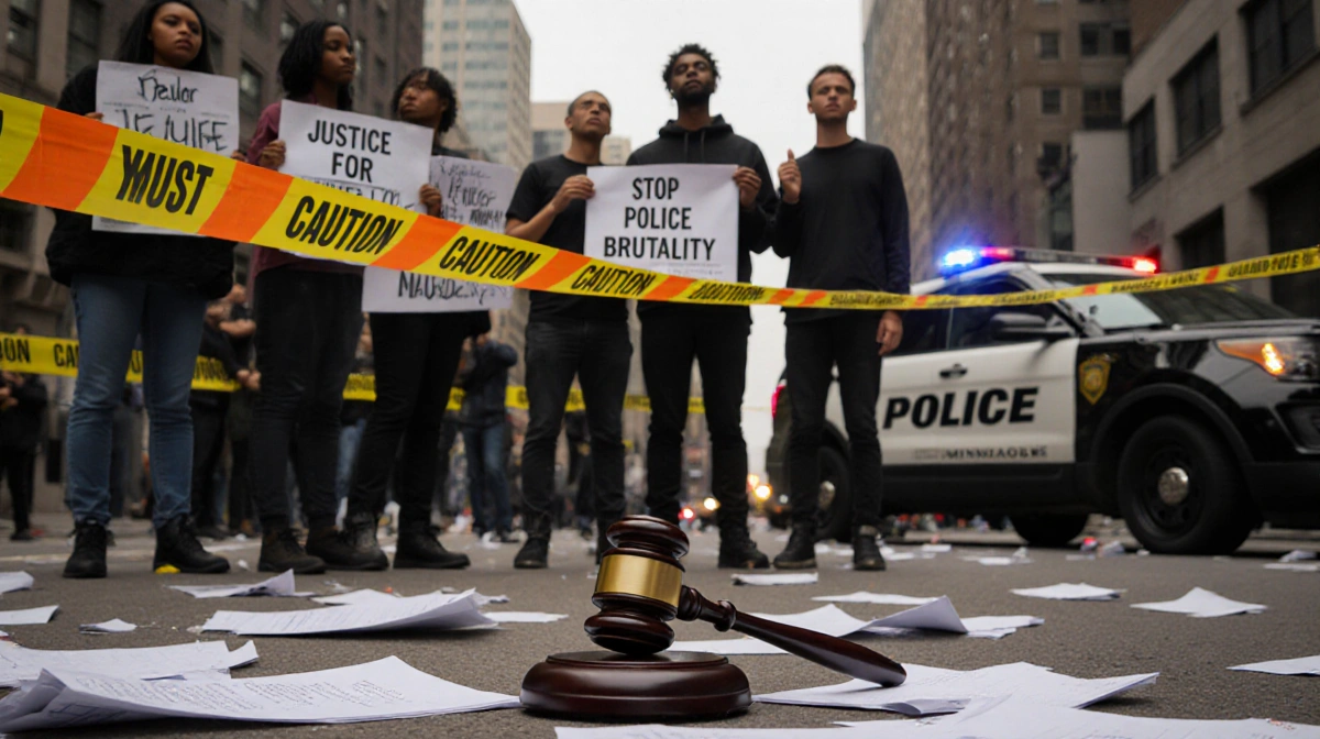 Peaceful protesters hold Justice for signs with yellow caution tape and broken banners at their feet