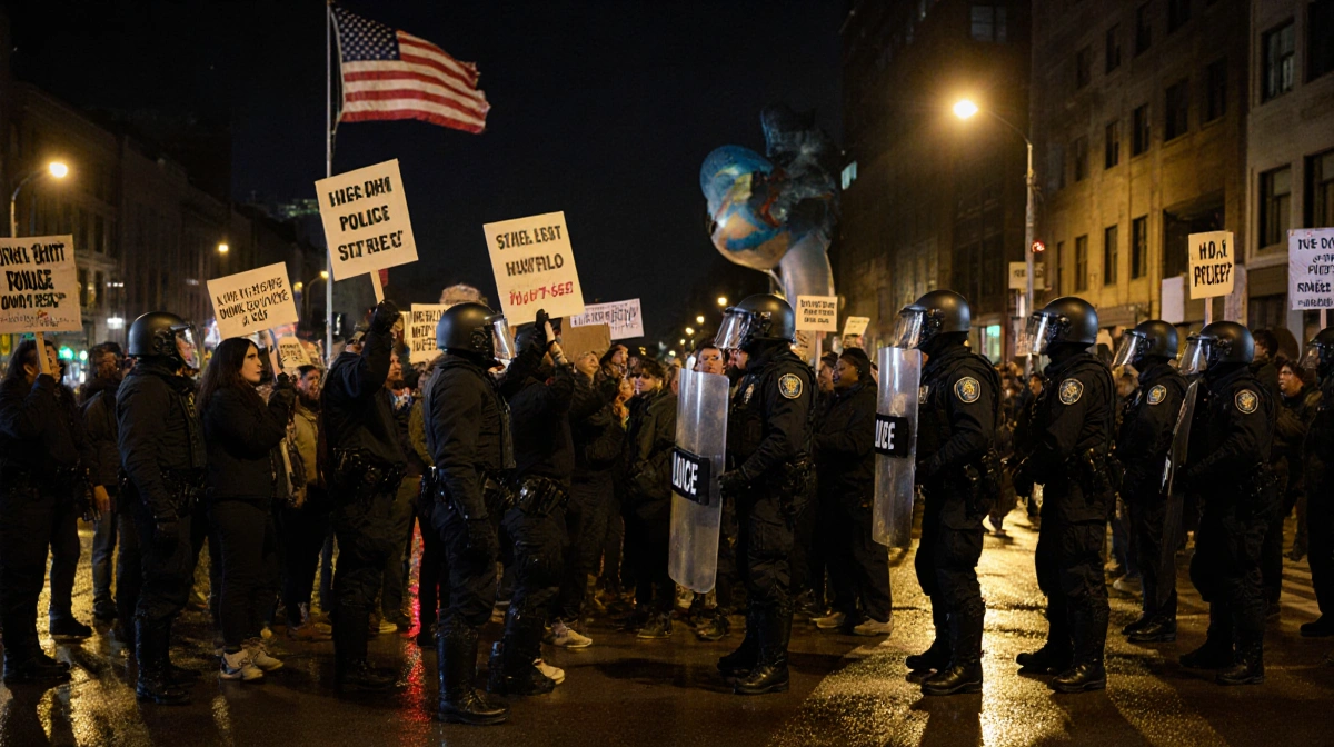 Protesters face police in riot gear with signs and shields reflecting city lights on wet Minneapolis street