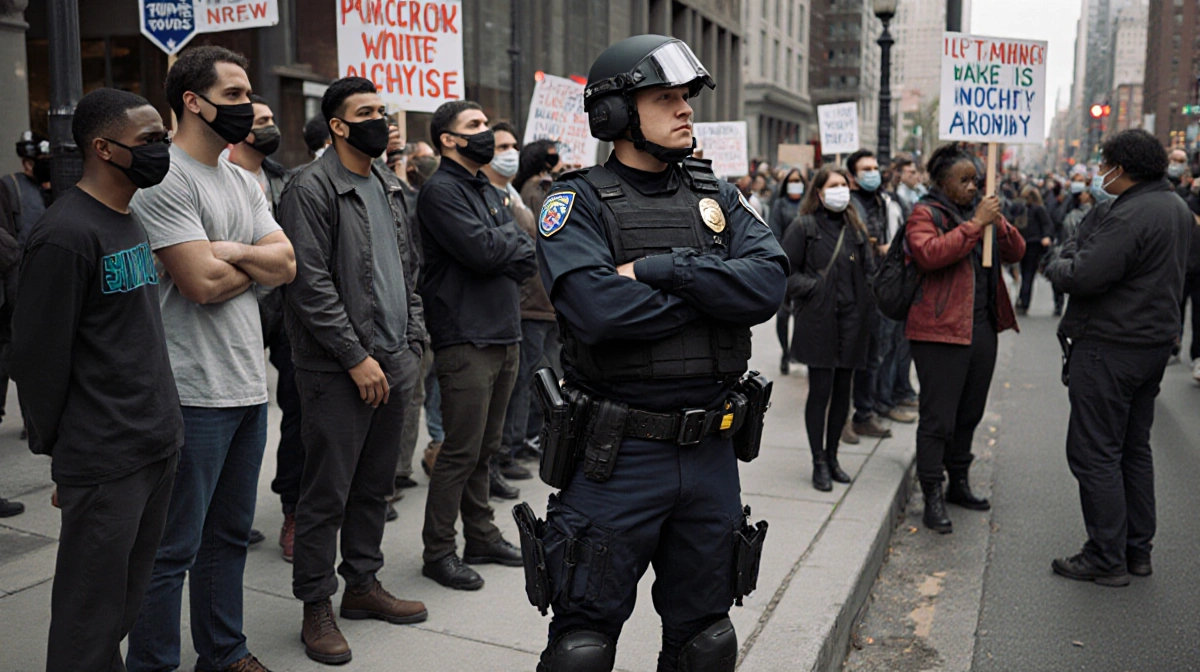 Police officer in riot gear stands guard with right-wing influencers wearing masks nearby and protesters with signs behind