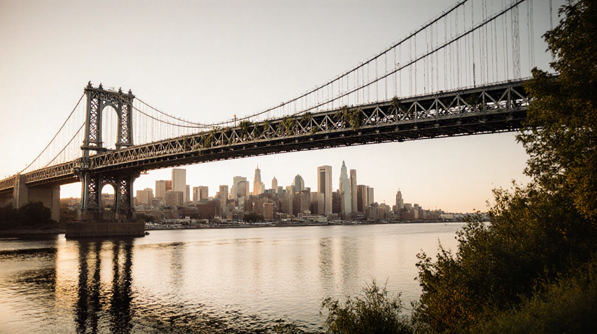Golden hour bridge spans calm river with city skyline reflected and Lake Superior stretching beyond