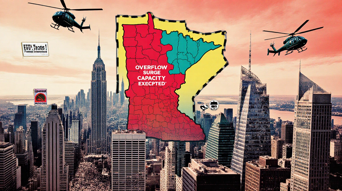 City skyline rises inside giant puzzle border with Minnesota map showing ICE officer presence and overflow signs