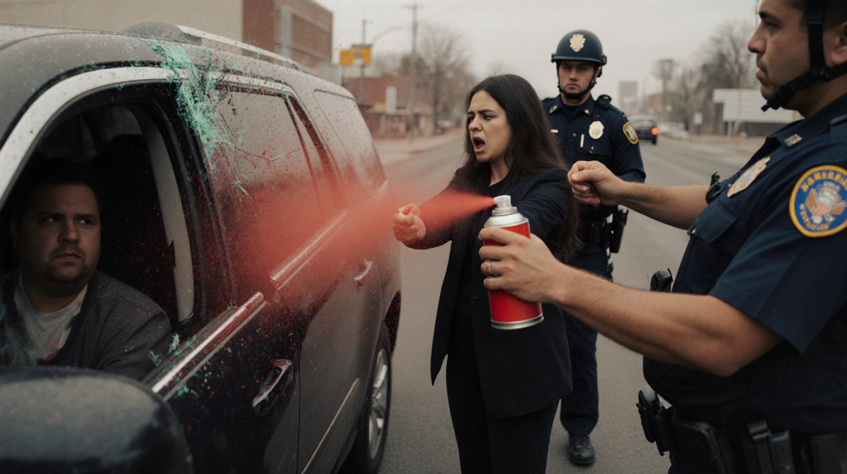 Federal agent breaking car window with pepper spray while another officer points red chemical spray at fearful woman nearby