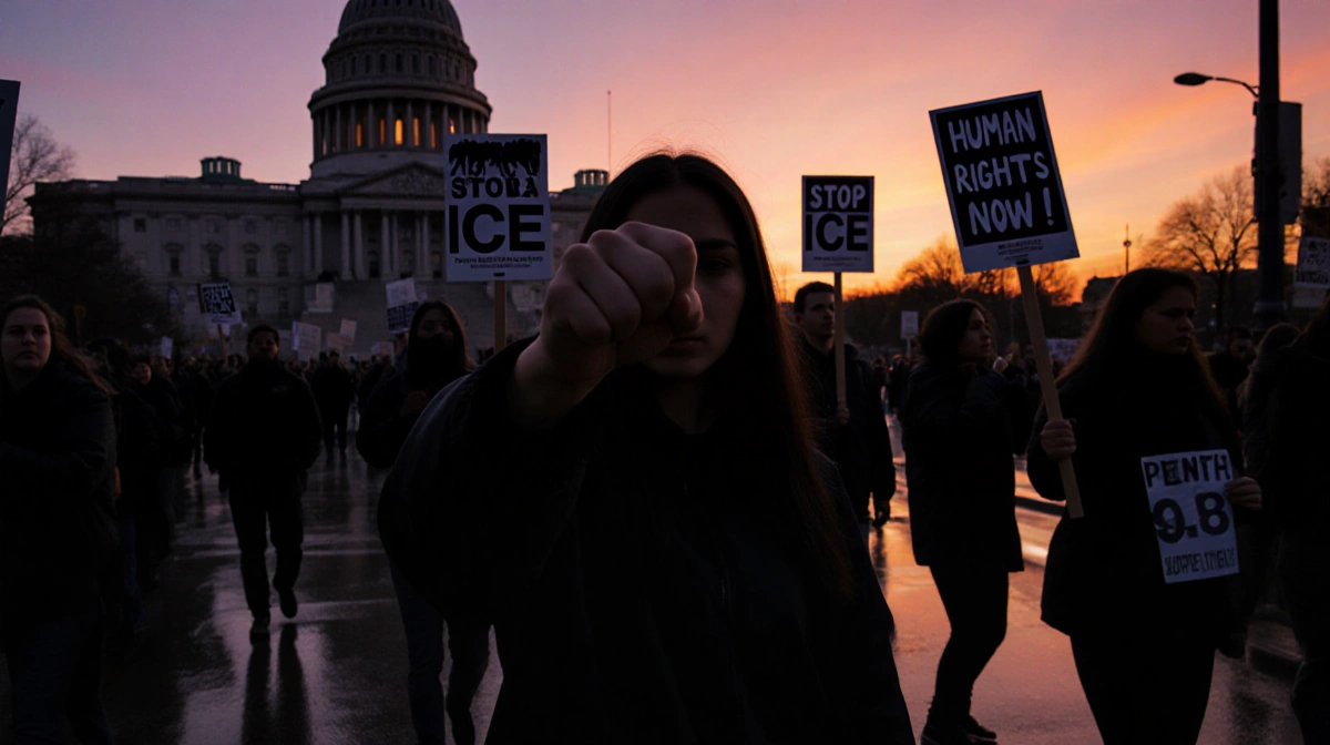 Protesters hold Stop ICE signs at Minnesota capitol with diverse crowd and woman raising fist at sunset