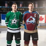 Miro Heiskanen and Mikko Rantanen stand side by side with Finnish flag behind them and Olympic flags above the ice rink