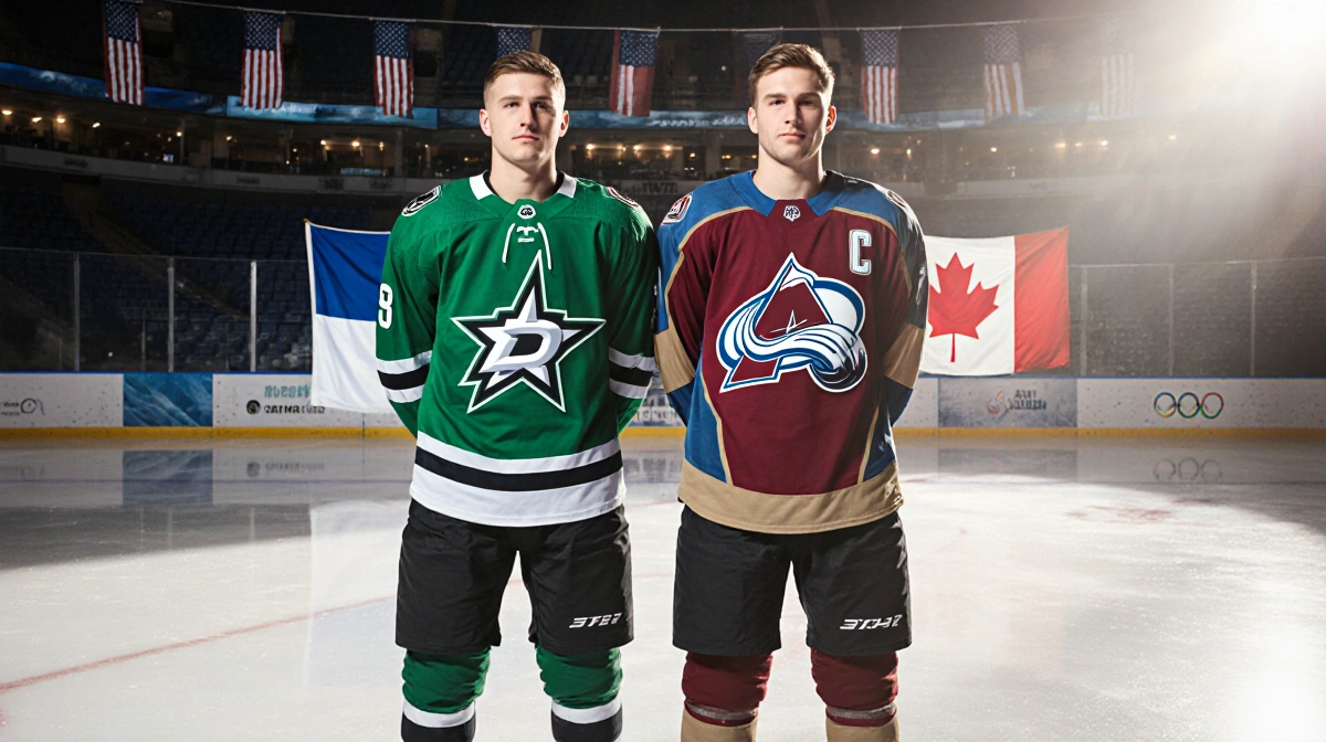 Miro Heiskanen and Mikko Rantanen stand side by side with Finnish flag behind them and Olympic flags above the ice rink