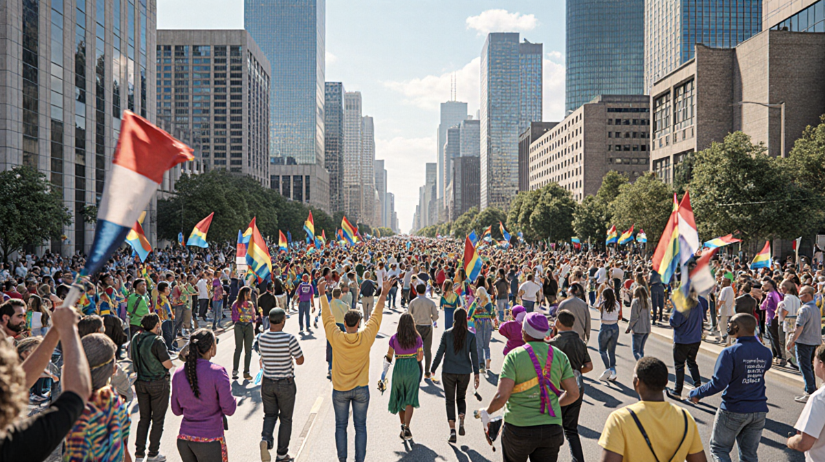 Crowd cheering with festive attire along MLK Blvd with Fair Park at Dallas parade.