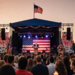 Diverse crowd gathering at sunset with American flag waving behind speaker on stage