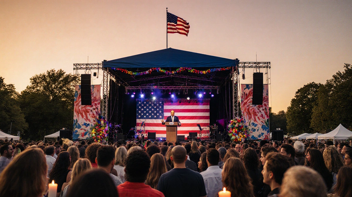 Diverse crowd gathering at sunset with American flag waving behind speaker on stage