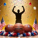 Four NBA basketballs rest at center court with a basketball player silhouette celebrating victory and American flags waving a