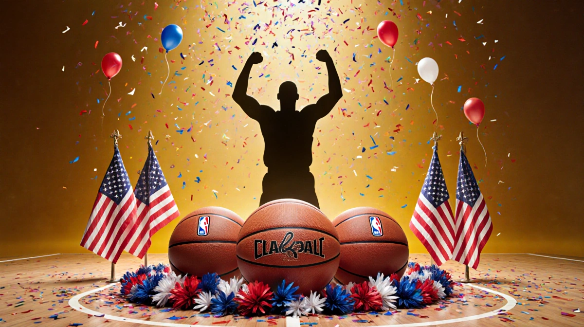 Four NBA basketballs rest at center court with a basketball player silhouette celebrating victory and American flags waving a
