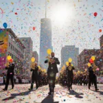 Street performers and marching band celebrate MLK Day parade with colorful murals and Dallas skyline behind