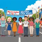 Diverse crowd celebrating at MLK parade with colorful floats and banners under blue sky