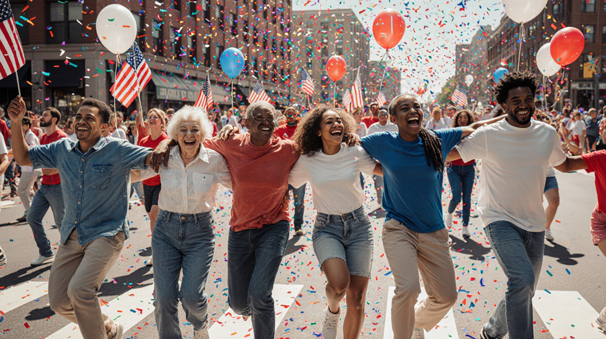 Families dancing together on MLK Blvd parade with balloons and confetti in patriotic colors celebrating unity.