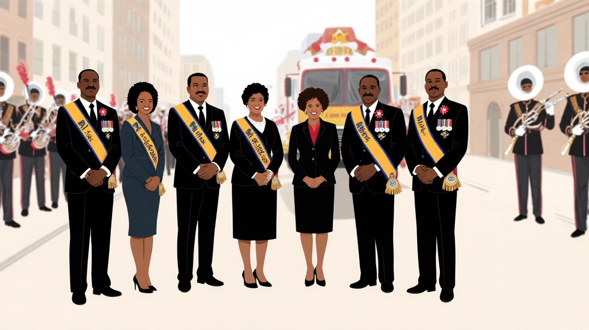 Grand Marshals of Fort Worth MLK Parade stand together in formal attire with unity sashes and regalia
