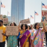 Diverse families marching together with handmade signs and cultural attire near Dallas City Hall with flags waving