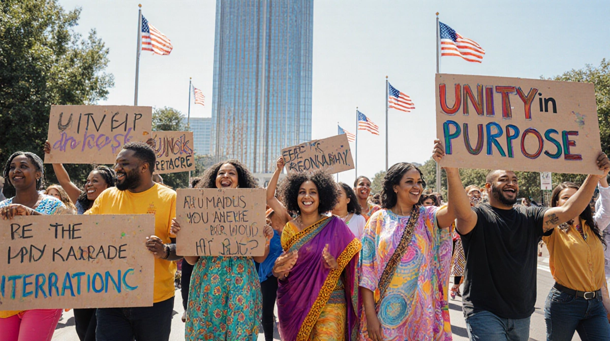 Diverse families marching together with handmade signs and cultural attire near Dallas City Hall with flags waving