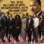 Diverse group stands together with MLK quote on graffiti wall and American flags showing unity