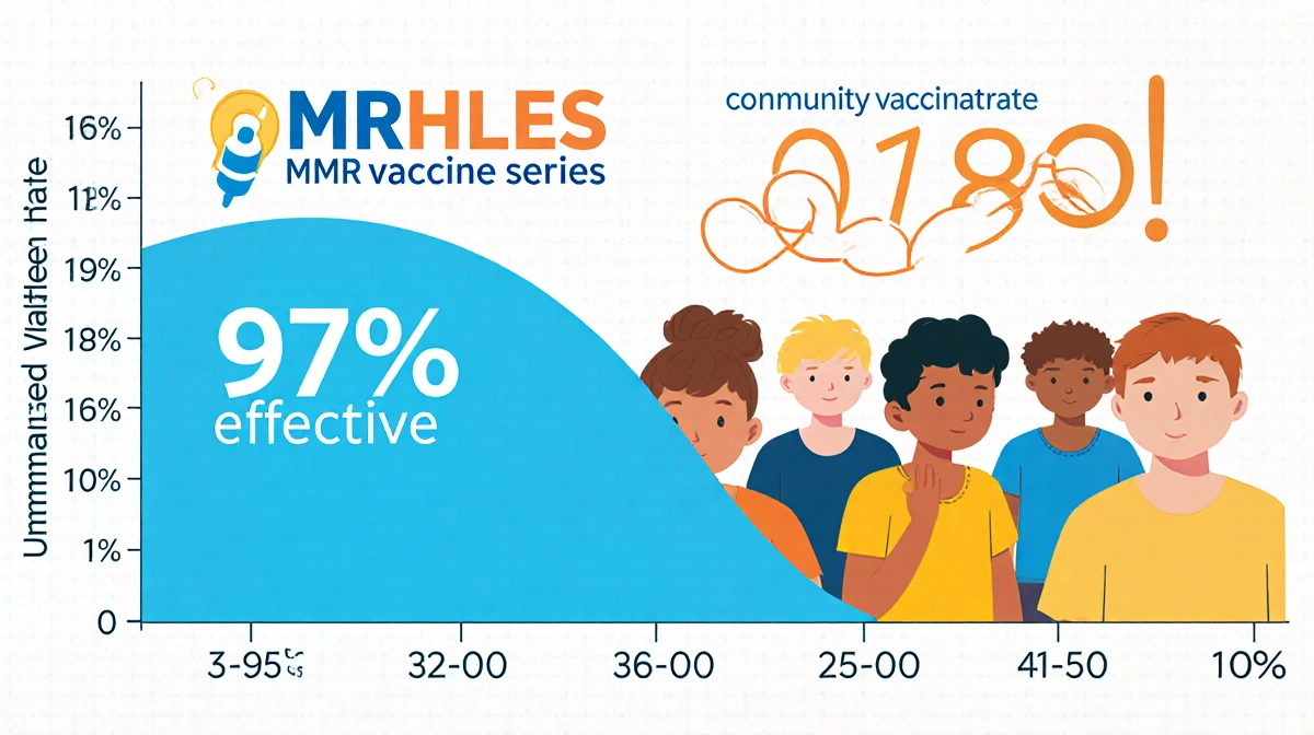 Bright chart showing MMR vaccine 97% effectiveness with 95% community goal and unvaccinated children nearby
