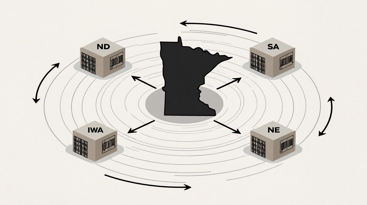 Sleek network hub radiates concentric circles with jail cells labeled ND SD IA NE and arrows showing detainee transfers