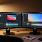 Designer editing a project with two OLED screens glowing warm under a desk lamp and logo and notebook and pen nearby