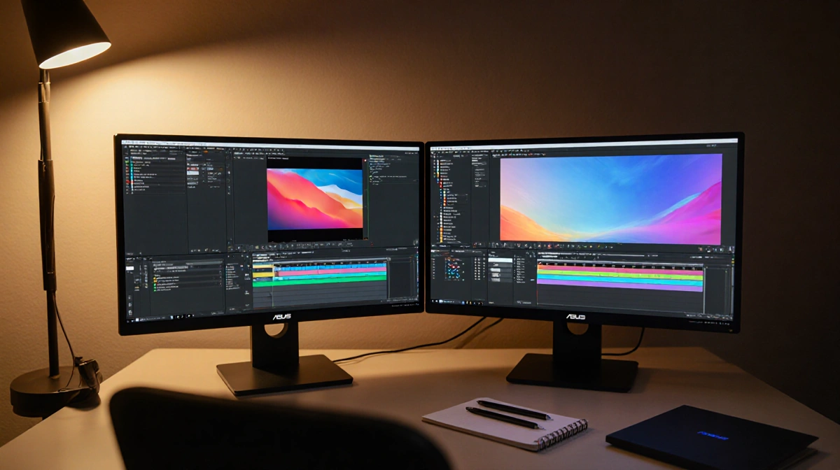 Designer editing a project with two OLED screens glowing warm under a desk lamp and logo and notebook and pen nearby