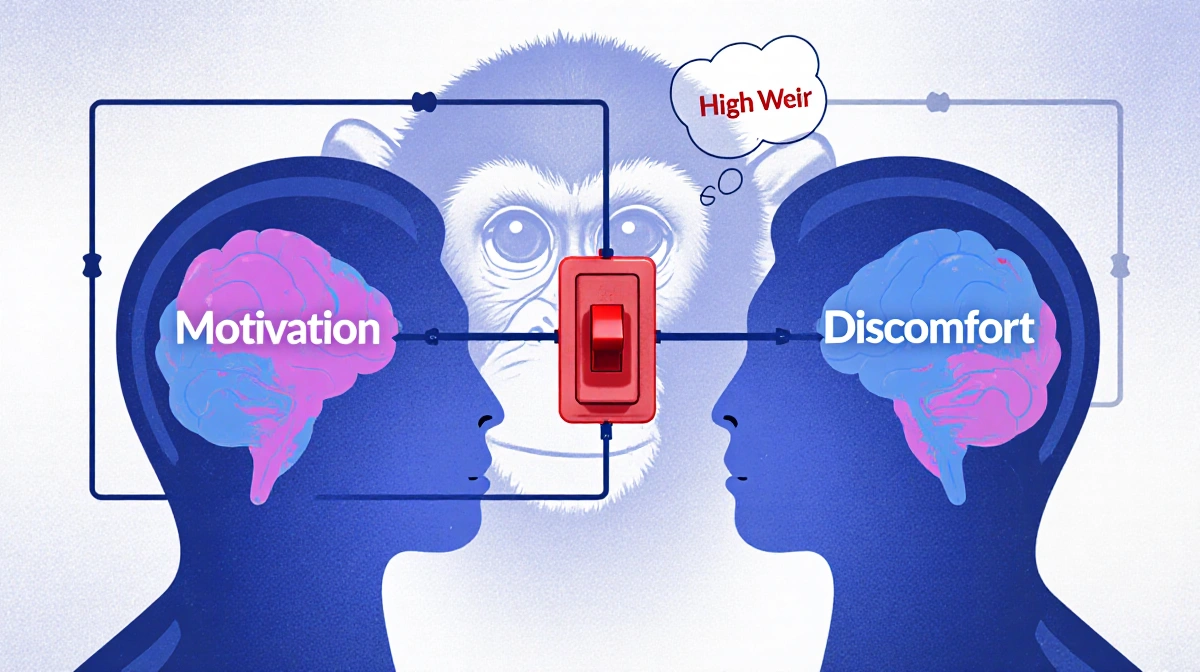 Brain circuit showing motivation center disconnecting from discomfort region with monkey face and reward bubble in background