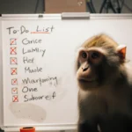 Monkey staring at faded to-do list on whiteboard with incomplete tasks crossed out and lab equipment behind
