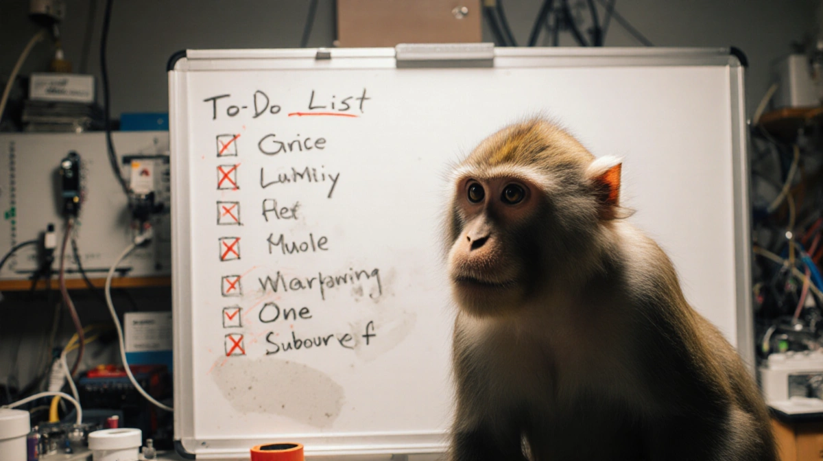 Monkey staring at faded to-do list on whiteboard with incomplete tasks crossed out and lab equipment behind