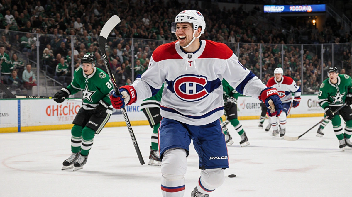 Lane Hutson celebrates his first OT goal holding his stick with Montreal Canadiens colors and bright hockey arena lights