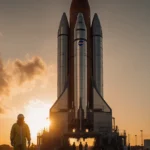 NASA moon rocket towers over launch pad 39B with Florida sunset glowing orange behind workers in hazmat suits