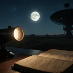 Vintage telescope points at moonlit sky with glowing lens and open journal showing cryptic notes