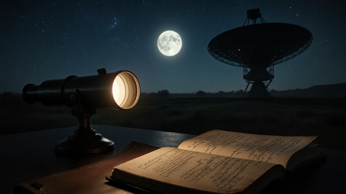 Vintage telescope points at moonlit sky with glowing lens and open journal showing cryptic notes
