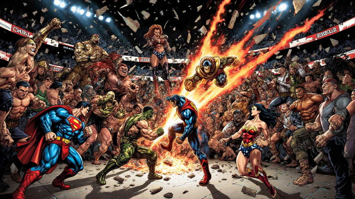 Fighters battling in tournament arena with Mortal Kombat characters and DC heroes clashing among shattered glass