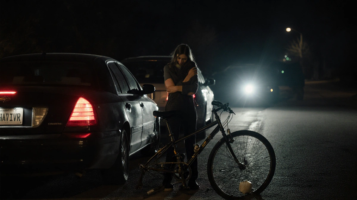 Mother comforting child beside damaged bicycle with hazard lights flashing and police flashlight in darkness