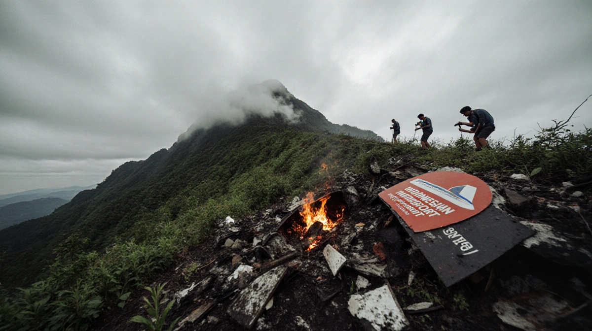 Search team examines aircraft wreckage with small fires burning near Mount Bulusaraung and hikers visible in distance