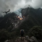 Hiker stands on mountain slope looking down at aircraft wreckage with smoke rising from debris