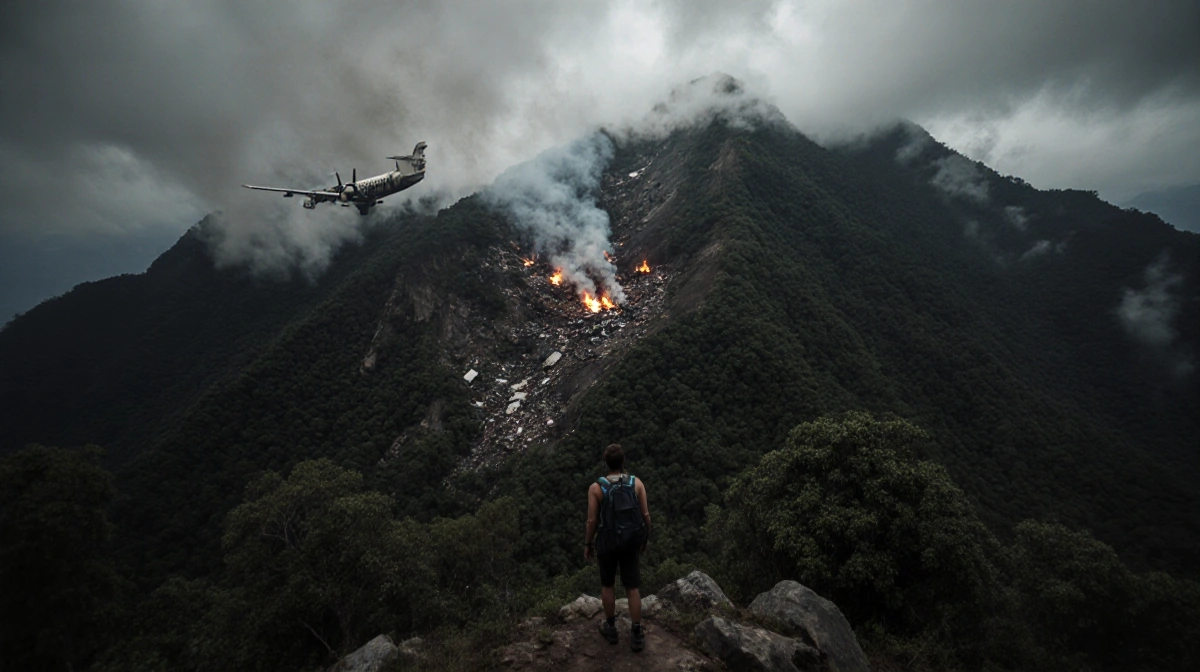 Hiker stands on mountain slope looking down at aircraft wreckage with smoke rising from debris