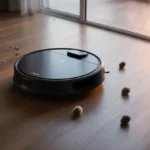 Mova Z60 Ultra robot vacuum glides across hardwood floor with warm dusk light and dust bunnies trail