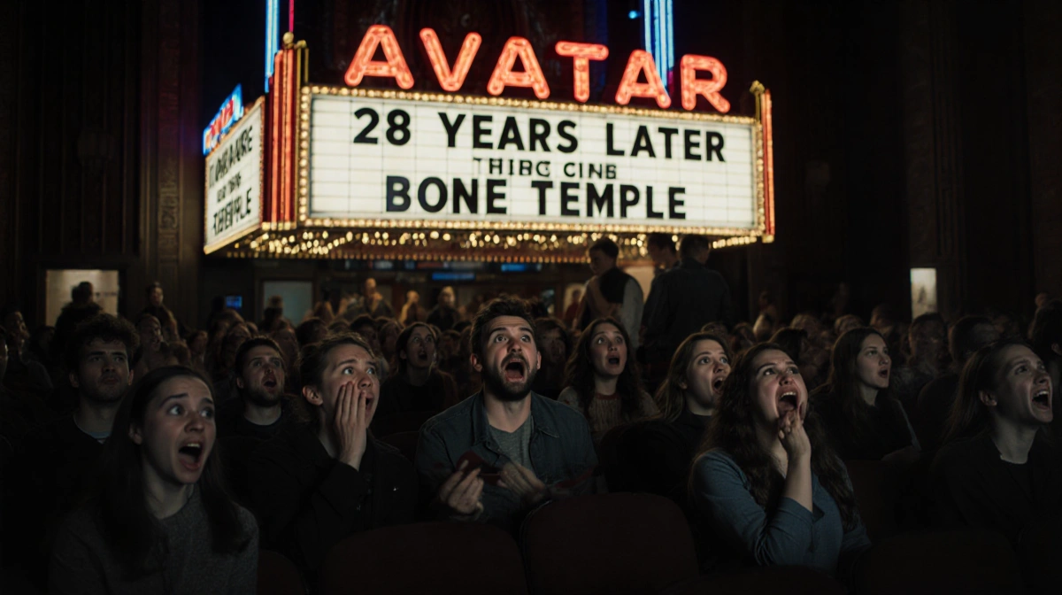 Moviegoers reacting with shocked expressions to horror film with Avatar Fire and Ash marquee and dim theater lighting
