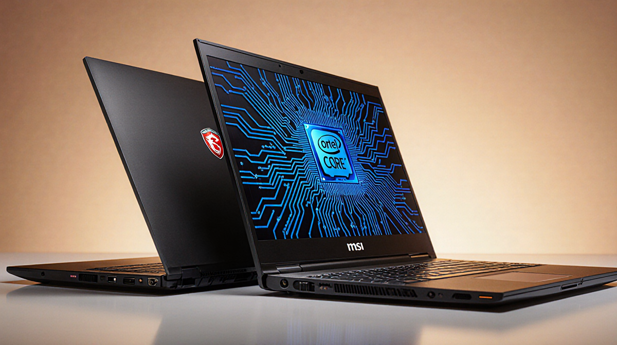 MSI laptop beside Lenovo IdeaPad on desk with Core Ultra X7 358H and Core Ultra X9 388H chips and circuit board background