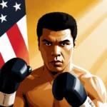 Muhammad Ali stands with boxing gloves raised against golden background with American flag on shoulder