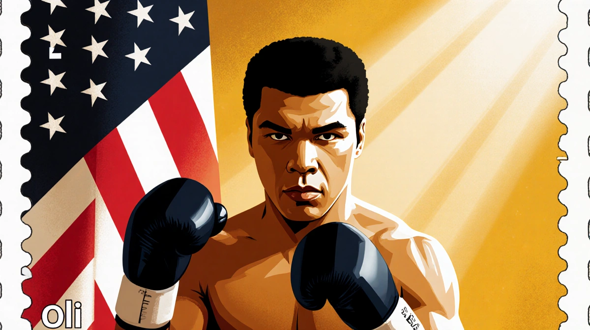Muhammad Ali stands with boxing gloves raised against golden background with American flag on shoulder