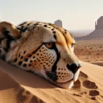 Mummified cheetah fossil emerges from desert sand with unravelled skin patterns glowing in golden sunset light