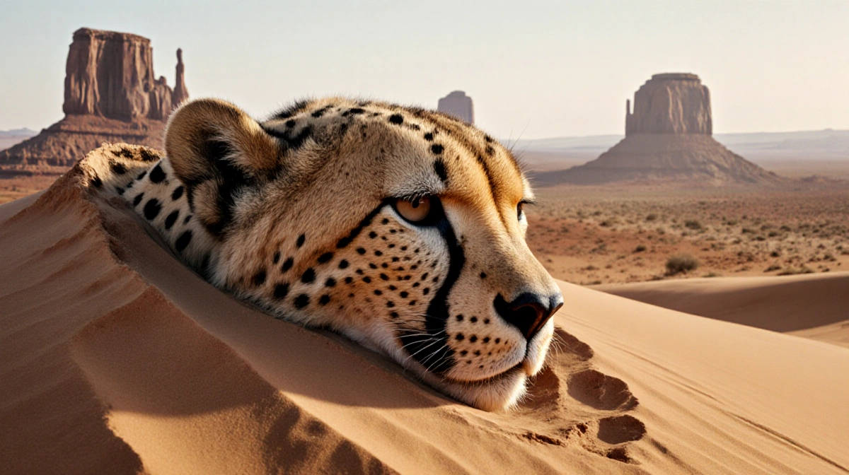 Mummified cheetah fossil emerges from desert sand with unravelled skin patterns glowing in golden sunset light