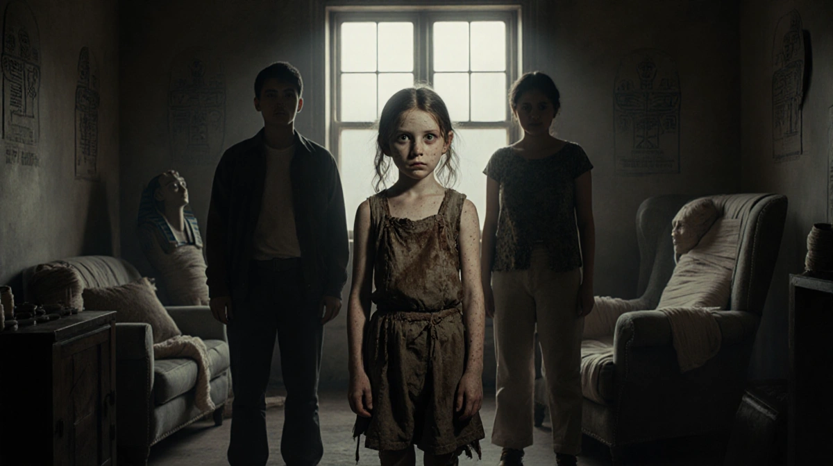 Young girl stands with sunken eyes and pale skin wearing tattered clothes with bandaged furniture and hieroglyphics on wall b