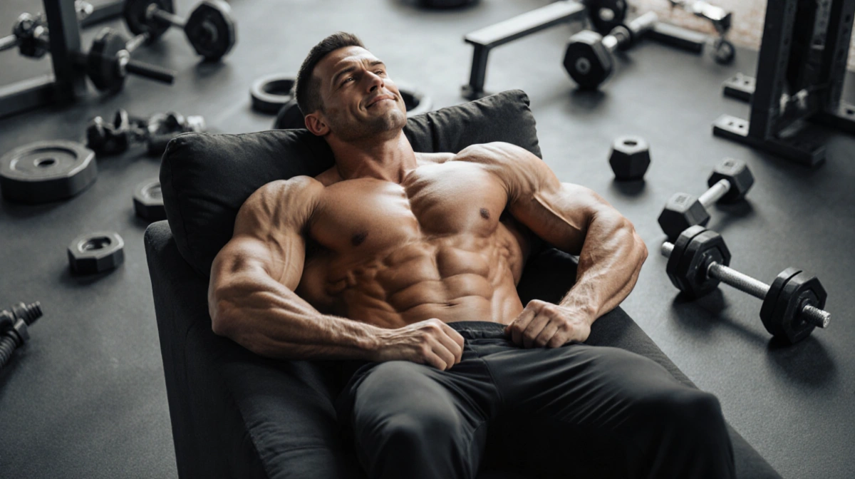 Muscular person sits on couch cooling down after workout with scattered gym weights and relaxed expression