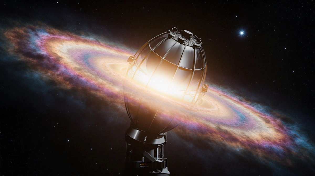 VLT telescope with MUSE instrument capturing colorful bow shock nebula and distant galaxies