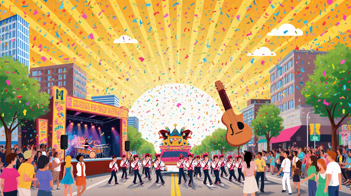 Marching band parades through vibrant music festival with colorful confetti and diverse crowd dancing